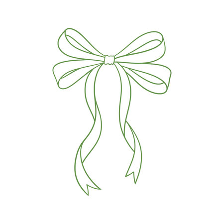 Coquette bow green, line art drawing. Hand drawn illustration of vintage ribbon. Wedding, birthday gift, retro style. Cute girly vector illustration. Doodle lace.のイラスト素材