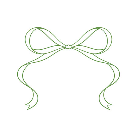 Coquette bow green, line drawing. Tied ribbon, vintage illustration. Frame contour, romantic design. Wedding, birthday gift, retro style. Girly hairstyle accessories, vector illustration. Doodle lace.のイラスト素材