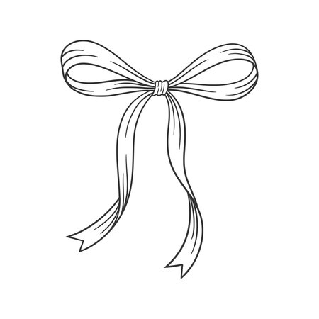 Coquette bow black, thin line drawing. Hand drawn illustration of vintage tied ribbon. Wedding, birthday gift sketch in retro style. Cute girly hairstyle accessories, vector illustration. Doodle lace.のイラスト素材