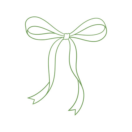 Coquette bow green, thin line drawing. Hand drawn illustration of vintage tied ribbon. Wedding, birthday gift sketch in retro style. Cute girly hairstyle accessories, vector illustration. Doodle lace.のイラスト素材