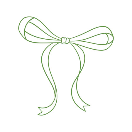 Coquette bow green, thin line drawing. Hand drawn illustration of vintage tied ribbon. Wedding, birthday gift sketch in retro style. Cute girly vector illustration. Doodle lace.のイラスト素材