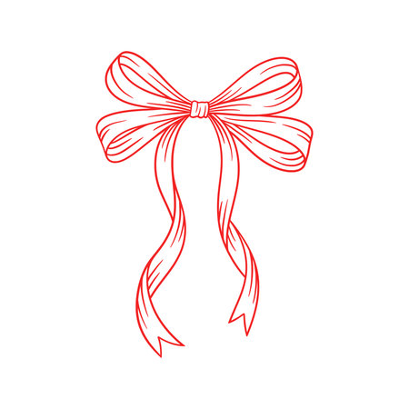 Coquette bow red, line art drawing. Hand drawn illustration of vintage ribbon. Wedding, birthday gift, retro style. Cute girly vector illustration. Doodle lace.のイラスト素材