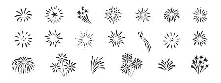 Firework doodles and festive hand drawn firecrackers, big set. Minimal sketch style celebration icons with stars, sparkles, explosive bursts. For birthday, carnival, holiday event. Vector illustrationのイラスト素材