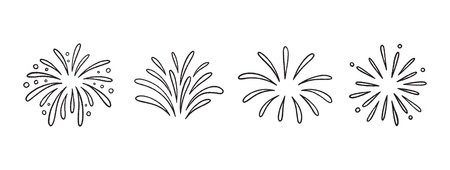 Firework doodles and festive hand drawn firecrackers set. Line art, sketch style celebration icons with stars, sparkles, explosive bursts. For party designs, celebrations, and holiday events. Vectorのイラスト素材