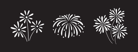 Firework doodles and festive handdrawn firecracker set. Celebration sketch icons with confetti, sparkles, and magical bursts. For party, carnival, holiday design. Vector illustration, black backgroundのイラスト素材