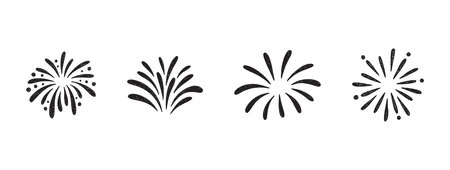 Firework doodles and festive hand drawn firecrackers set. Minimal sketch style celebration icons with stars, sparkles, explosive bursts. For birthday, carnival, holiday events. Vector illustrationのイラスト素材