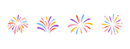 Crayon colorful fireworks set. Hand drawn sketches of whimsical sparkles, firecracker, confetti, magical bursts. Childish chalk or pencil drawings for birthday, party, carnival. Vector illustrationのイラスト素材