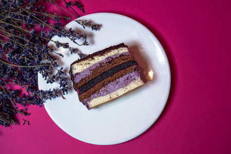 A piece of cake with cream, lavender and berries is served on a white plate on a bright colored background. decorated with dried lavender flowers.Bright advertising of premium confectionery productsの写真素材