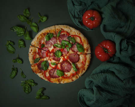 Delicious pizza with cheese, salami and tomatoes on a dark background with ingredients, herbs and spices.with space to copy.For the menu and advertising of pizzerias.the concept of a real Italian pizzaの写真素材