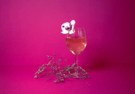 Purple orchid flower in a glass of white wine, on a colored pink background. with sprigs of lavender.の写真素材