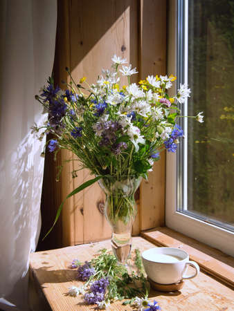 A soft, concentrated bouquet of flowers in a vase on the windowsill in the morning sun. On the window is a mug of natural milk, selective soft focus. Rustic style, simplicity. vacation in the countryの写真素材