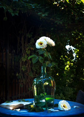 roses in a glass vase in the sunlight near a village house in the summer countryside. an atmospheric rural moment. space for text. I was collecting wildflowers. beautiful sunshineの写真素材