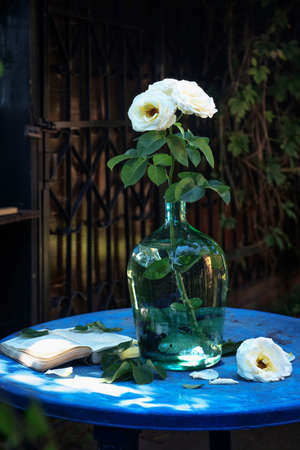 roses in a glass vase in the sunlight near a village house in the summer countryside. an atmospheric rural moment. space for text. I was collecting wildflowers. beautiful sunshineの写真素材