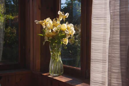 A vase with yellow flowers on the window in a house with a cozy veranda. Flowers on a blurry background of sunlight breaking through the trees - soft focus, vintage style. comfort concept. copy spaceの写真素材