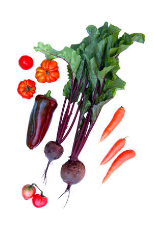 Raw vegetables: whipped with butter, tomatoes on a branch, carrots, sweet peppers on a white background. top view, healthy eating concept. for a blog about vegetarianism. poster. copy spaceの写真素材