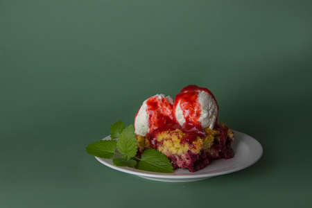 Delicious summer berry pie on a bright background.Homemade sweet summer cake and vanilla ice cream....