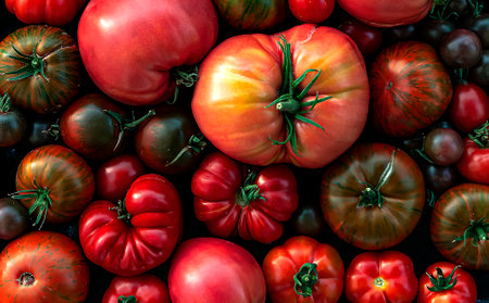 Multicolored tomatoes of different sizes and types, in appearance, a horizontal composition. Fresh, raw and colorful tomatoes of different sizes and types. bright attractive background. posterの写真素材