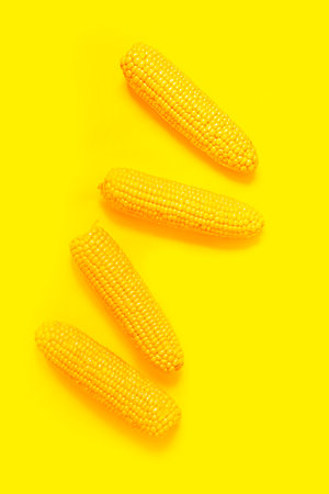 Color Veggies. corn background. Close-up of fresh corn on the cob on a yellow background. The...