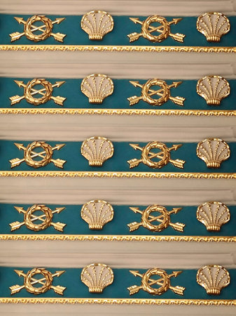 Abstract ornament, ornate pattern, in a nautical style. traditional drawing of European culture. emerald, beige, vintage with golden patina, oriental motifs, sea symbols, shells. boho style.design.artの写真素材