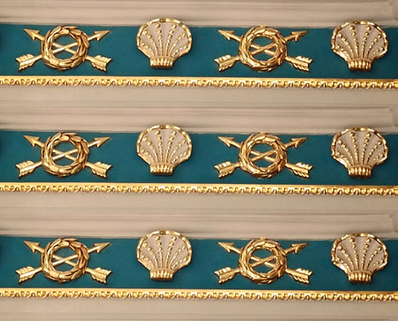 Abstract ornament, ornate pattern, in a nautical style. traditional drawing of European culture. emerald, beige, vintage with golden patina, oriental motifs, sea symbols, shells. boho style.design.artの写真素材