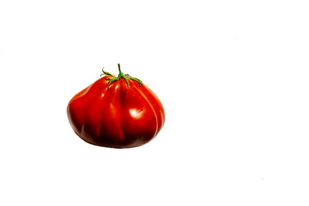 The Abruzzo tomato is an early, ripening variety on which large salad tomatoes grow. copyspace. front view. a tomato highlighted on a white background.supermarket advertising. the concept of vitaminsの写真素材