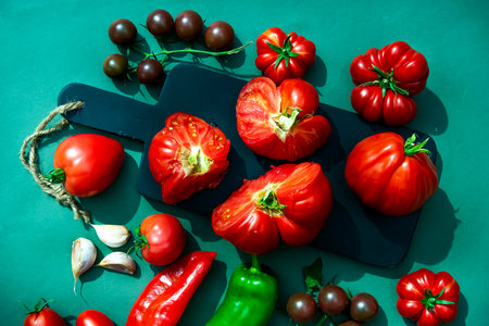 Tomatoes in the cut, juicy flesh sparkles in the rays of the bright summer sun. A great picture for advertising, attracting attention and increasing appetite. It's impossible not to think about food.の写真素材