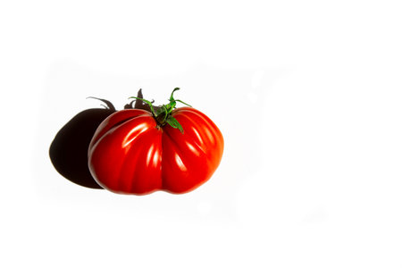 Abruzzo tomato, large varieties. a meaty and delicious tomato highlighted on a white background. front view. the concept of proper and healthy nutrition. a storehouse of vitamins and trace elements.の写真素材