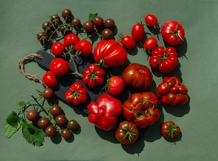 Tomatoes of Different varieties, sizes and colors are an excellent vegetable background that attracts attention and excites the appetite. horizontal composition. Vegetarianism. Banner, Design, Poster.の写真素材
