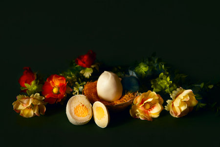 happy Easter.easter composition with handmade eggs on a green background with flowers.still life in the Dutch style.baking in the form of Easter eggs, an alternative to Easter cakes.new trendsの写真素材