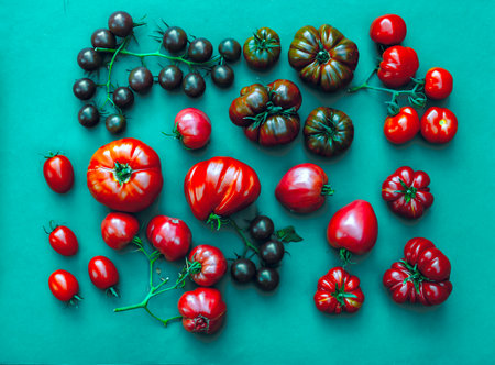 tomatoes of different sizes and varieties, different in appearance, are a horizontal composition. bright vegetable background, vegetarianism, supermarket advertising.poster, design. difference conceptの写真素材