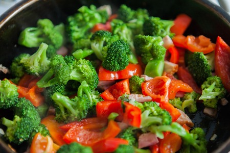 broccoli stewed roasted in a pan pepper smoked bacon snackの写真素材