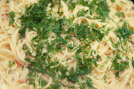 Cooked spaghetti, with parmesan paste, carbonara, creamy sauce spicesの写真素材