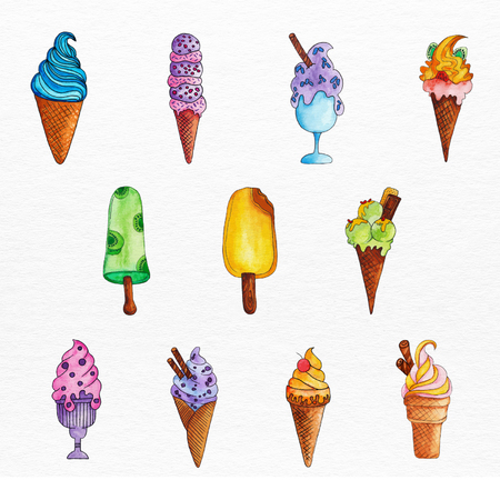 Watercolor Hand Drawn Colorful Ice Creams Setのイラスト素材