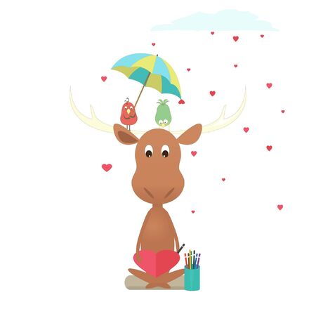 Elk and birds write a letterのイラスト素材