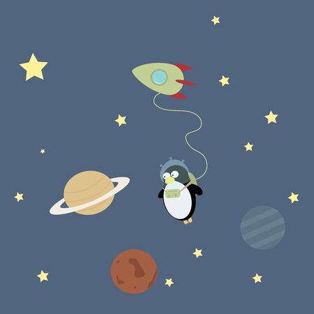 penguin in space looks at planetsのイラスト素材
