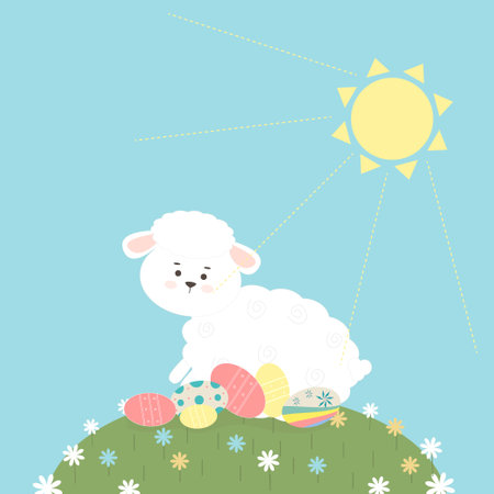 lamb with an egg in a meadowのイラスト素材