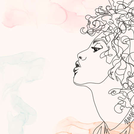 One line style woman with colorful spots. Minimalistic wallpaper backgroundの写真素材