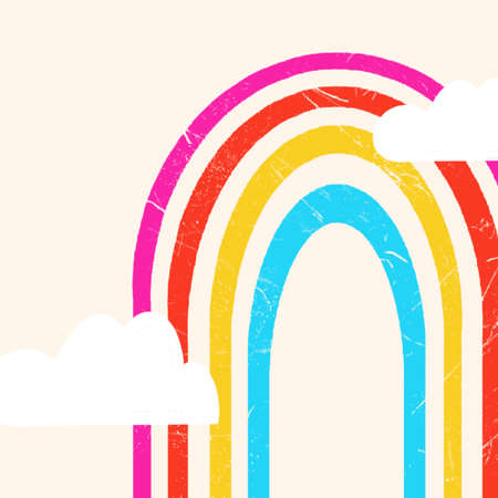 Watercolor rainbow with white clouds background. Abstract colorful wallpaperの写真素材