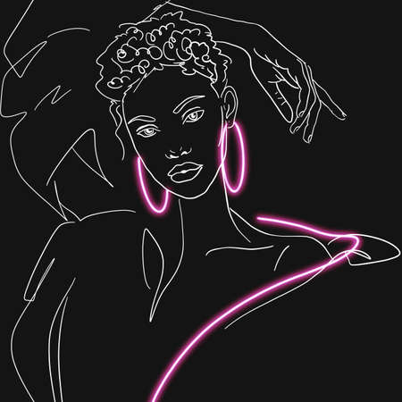 One line art style woman. Pink neon line on the dark background. Outline design wallpaperの写真素材