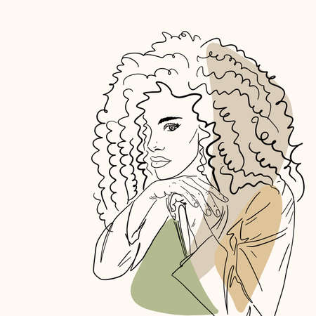 Young woman one line drawing style. Minimalistic background. Fashion wallpaperの写真素材