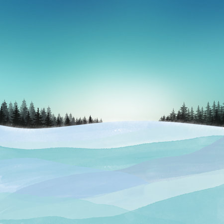 Winter landscape with frozen lake and coniferous forest. Vector illustration.の写真素材