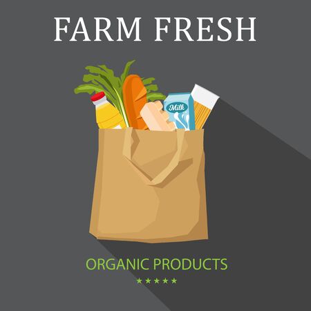 Paper package with fresh healthy produce. Organic products from the farm. Vegetables, bread, dairy products, vine, meat and eggs. Vector flat design illustrationのイラスト素材