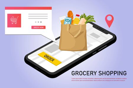 Flat design colorful vector illustration concept for online ordering of food, grocery delivery, e-commerce isolated on bright backgroundのイラスト素材