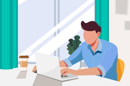 Bearded man freelancer designer in headphones working on laptop. Flat style icon. Isolated vector illustration.のイラスト素材