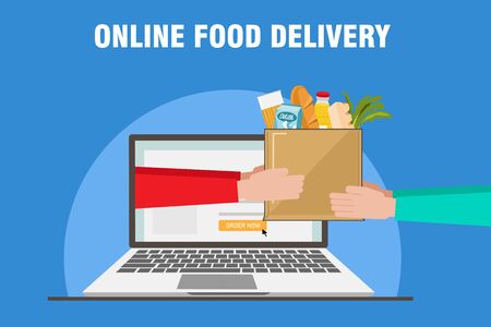 Flat design colorful vector illustration concept for grocery delivery isolated on bright background.のイラスト素材