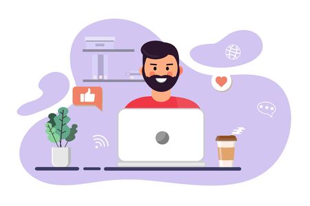 Illustration of tired man working on computer on gray backgroundのイラスト素材