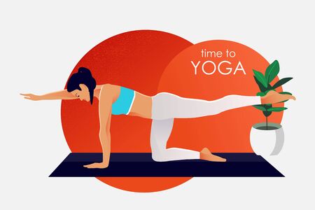 Vector illustration. Girl doing yoga and get calm in office. Relax, meditation, good time management concept. Flat style designのイラスト素材