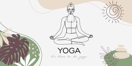 Vector illustration with female figure and lettering. Hand written phrase Yoga doesn t take time, it gives time. Typography design with isolated silhouette of woman meditating in lotus position.のイラスト素材