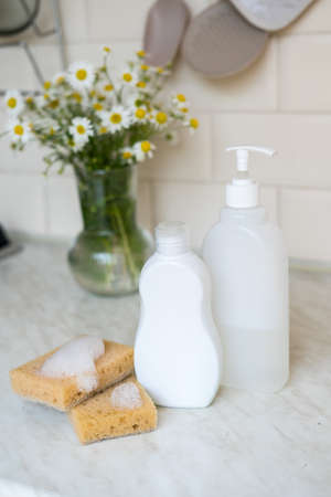 Ecologic dish washing concept. Natural sponghes,wooden box,ecofriendly lifestyleの写真素材