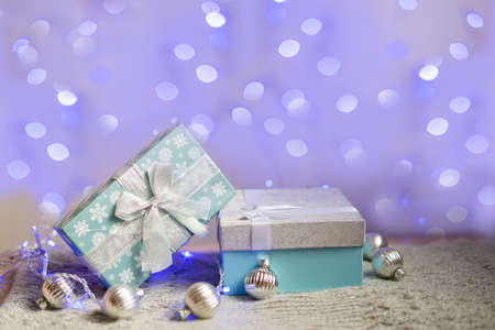 Blu gift box filled with Christmas toys. Christmas creative minimal conceptの写真素材
